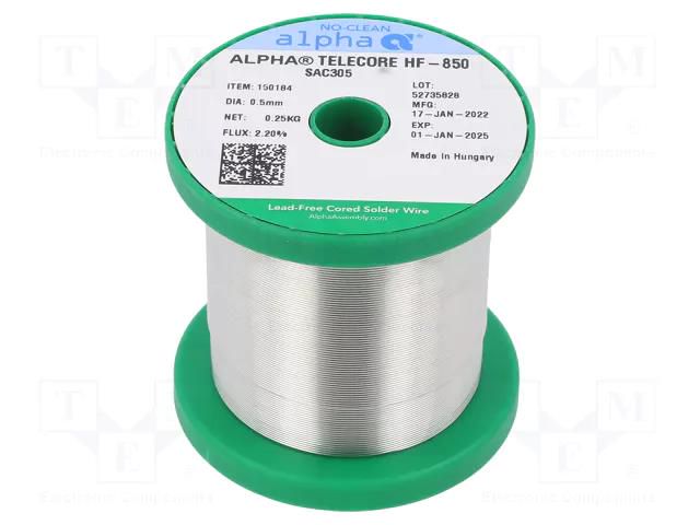 Tin; lead free; Sn96,5Ag3Cu0,5; 0.5mm; 250g; reel; 217÷221°C; 2.2% ALPHA HF850SAC305-05/025