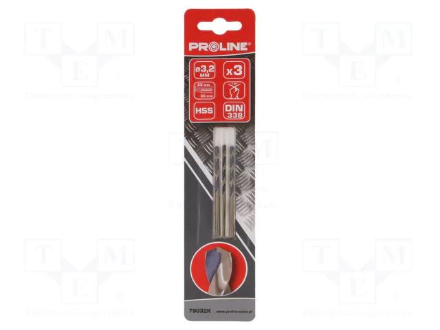 Drill bit; for metal; Ø: 3.2mm; high speed steel; 3pcs; blister PROLINE PRE-79032K