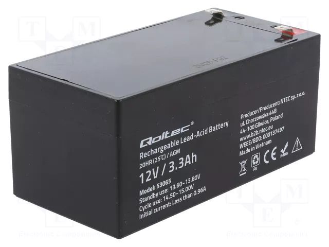 Re-battery: acid-lead; 12V; 3.3Ah; AGM; maintenance-free QOLTEC ACCU-HP3.3-12/Q