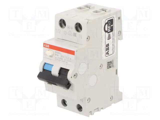 RCBO breaker; Inom: 16A; Ires: 10mA; Poles: 1+N; 230VAC; IP20; DS200 ABB DS201A-B16/0.01