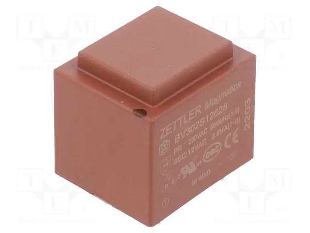 Transformer: encapsulated; 2.8VA; 230VAC; 12V; 233mA; PCB ZETTLER BV302S12028