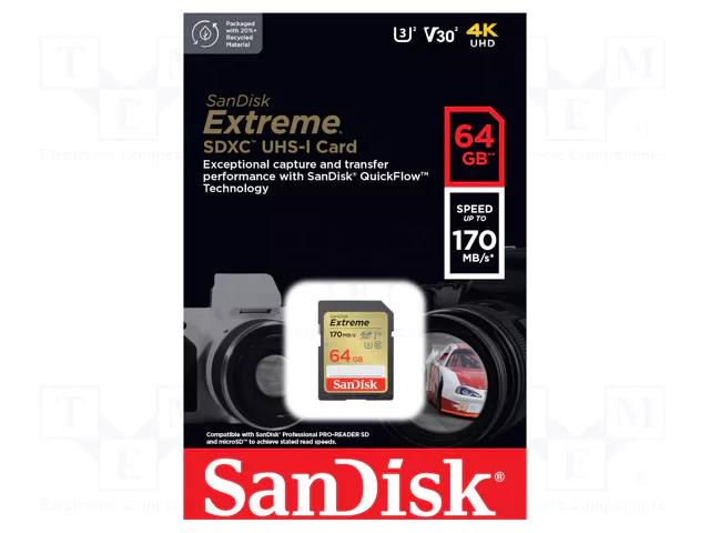 Memory card; Extreme; SDXC; R: 170MB/s; W: 80MB/s; UHS I U3 V30 SANDISK SDSDXV2-064G-GNCIN