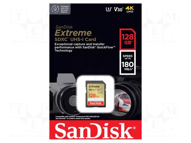 Memory card; Extreme; SDXC; R: 180MB/s; W: 90MB/s; UHS I U3 V30 SANDISK SDSDXVA-128G-GNCIN