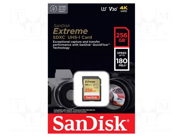 Memory card; Extreme; SDXC; R: 180MB/s; W: 130MB/s; UHS I U3 V30 SANDISK SDSDXVV-256G-GNCIN