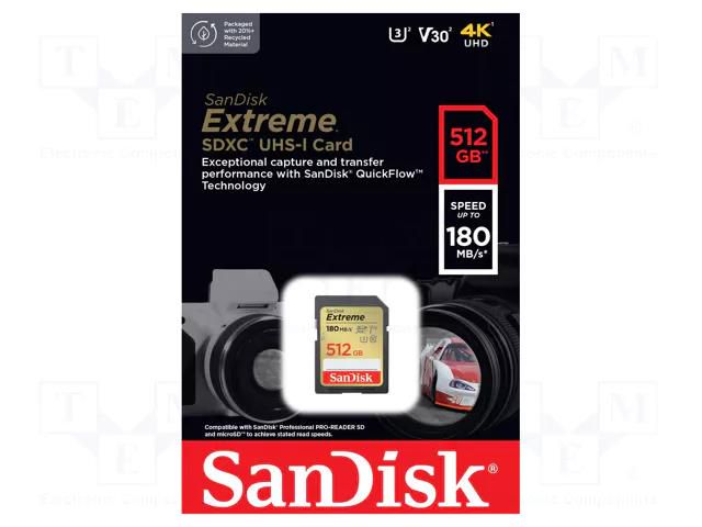 Memory card; Extreme; SDXC; R: 180MB/s; W: 130MB/s; UHS I U3 V30 SANDISK SDSDXVV-512G-GNCIN