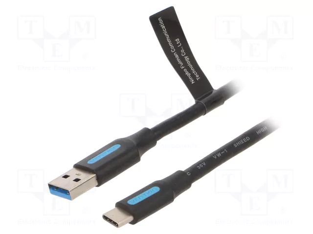Cable; USB 3.0; USB A plug,USB C plug; nickel plated; 1m; black VENTION COZBF