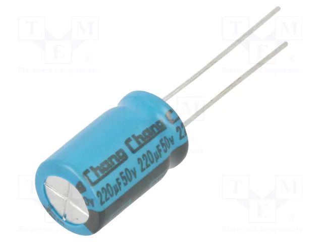 Capacitor: electrolytic; THT; 220uF; 50VDC; Ø10x16mm; Pitch: 5mm CHANGZHOU HUAWEI ELECTRONIC LE1H221MG160A00CE0