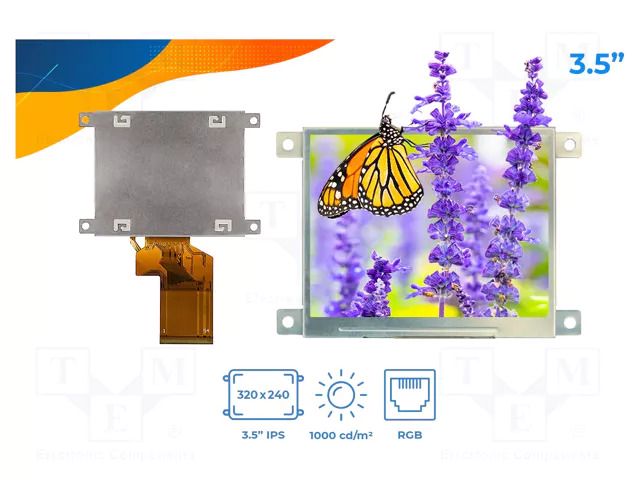 Display: TFT; 3.5"; 320x240; Window dimensions: 70.08x52.56mm Riverdi SM-RVT35HHTFWN00