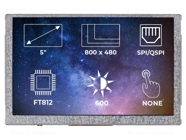 Display: TFT; 5"; 800x480; Illumin: LED; Dim: 120.7x75.8x7.1mm; EVE2 Riverdi SM-RVT50AQFNWN00