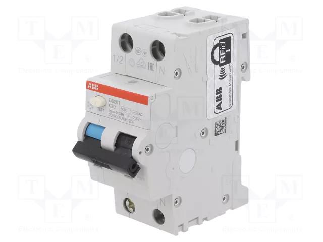 RCBO breaker; Inom: 20A; Ires: 30mA; Poles: 1+N; 230VAC; IP20; DS200 ABB DS201AC-C20/0.03