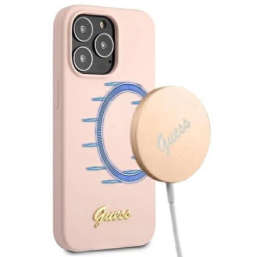 Guess GUHMP13LLSLMGLP iPhone 13 Pro / 13 6.1&quot; light pink/light pink hardcase Silicone Script Gold Logo Magsafe, Guess 3666339037147 3666339037147