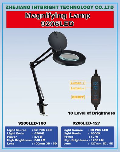 Darbo šviestuvas 230Vac 12W su didinamuoju Ø127mm stiklu, 5 dioptrijos, juodas, pritemdomas, SMD LED ML/9206LED-127-5D-B