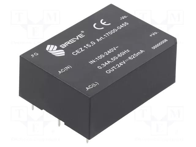 Converter: AC/DC; 15W; Uin: 85÷265VAC,120÷380VDC; Uout: 24VDC BREVE TUFVASSONS CEZ-15.0-230/24V