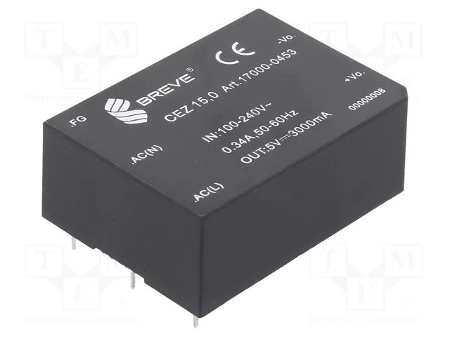 Converter: AC/DC; 15W; Uin: 85÷265VAC,120÷380VDC; Uout: 5VDC; OUT: 1 BREVE TUFVASSONS CEZ-15.0-230/5V