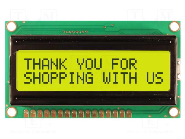 Display: LCD; alphanumeric; STN Positive; 16x2; yellow-green; LED NEWHAVEN DISPLAY INTERNATIONAL NHD-0216HZ-FLYC