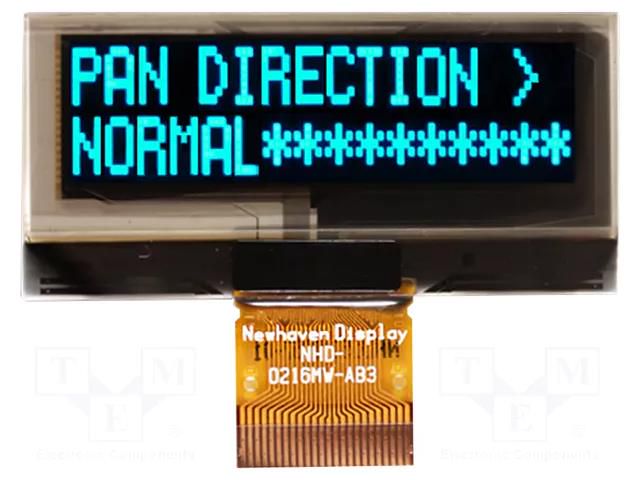 Display: OLED; alphanumeric; 16x2; Dim: 41.4x19.9x1.6mm; blue; 1x24 NEWHAVEN DISPLAY INTERNATIONAL NHD-0216MW-AB3