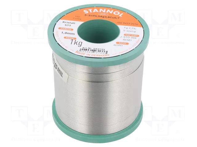 Tin; lead free; Sn95,5Ag3,8Cu0,7; 1mm; 1kg; reel; 217°C; Flux: SW26 STANNOL SN955K511/1.0/1.0