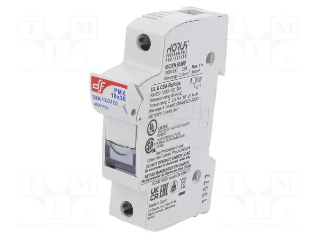 Fuse holder; 10x38mm; for DIN rail mounting; 32A; Poles: 1; 1kVDC DF ELECTRIC DF-485150