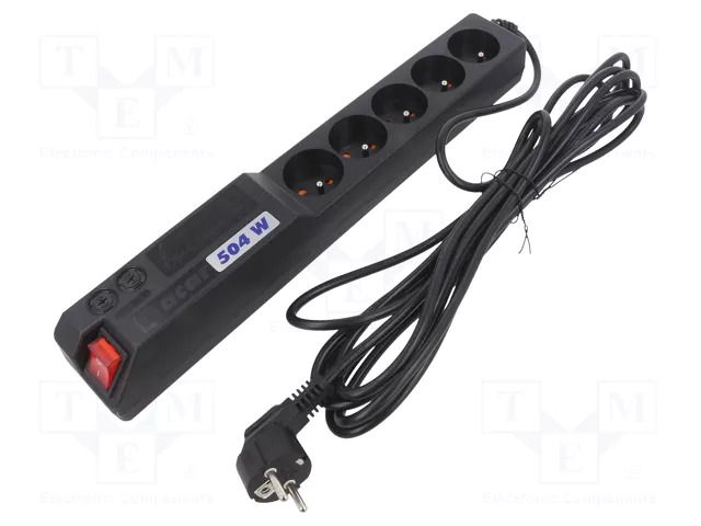 Plug socket strip: protective; Sockets: 5; 250VAC; 10A; black HSK DATA ACAR-504W-5