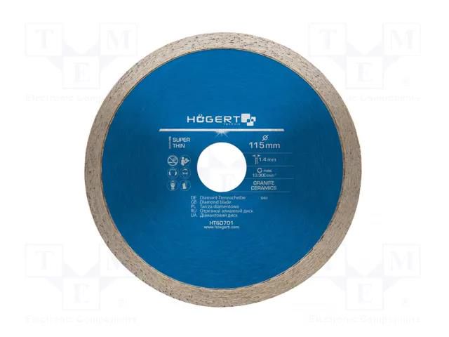 Cutting diamond wheel; Ø: 115mm; Øhole: 22.2mm; Disc thick: 1.4mm HÖGERT TECHNIK HT6D701