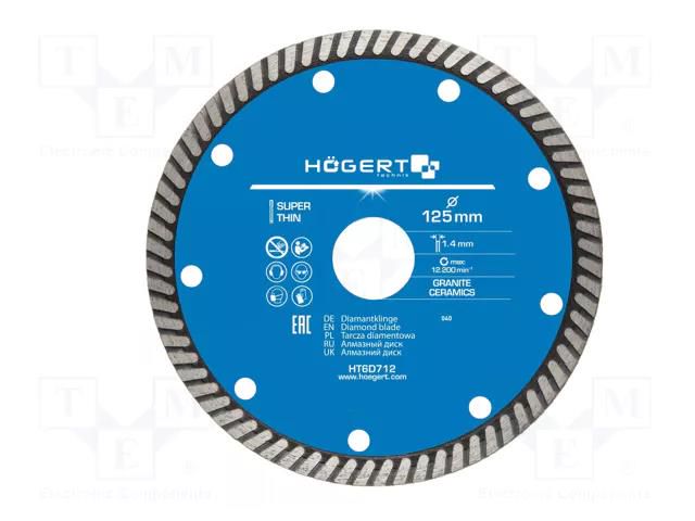 Cutting diamond wheel; Ø: 125mm; Øhole: 22.2mm; Disc thick: 1.4mm HÖGERT TECHNIK HT6D712