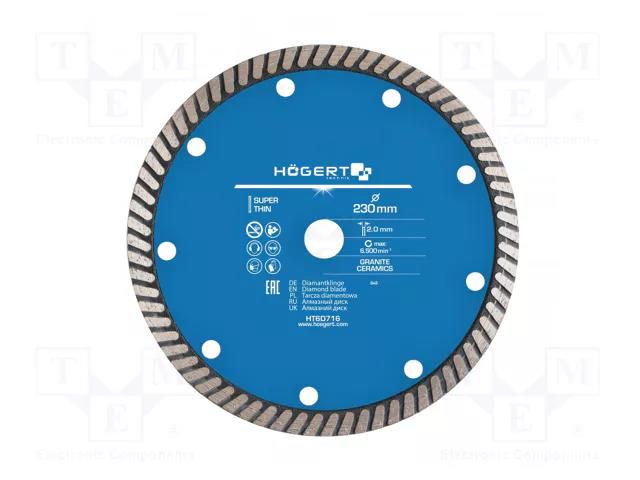 Cutting diamond wheel; Ø: 230mm; Øhole: 22.2mm; Disc thick: 2mm HÖGERT TECHNIK HT6D716