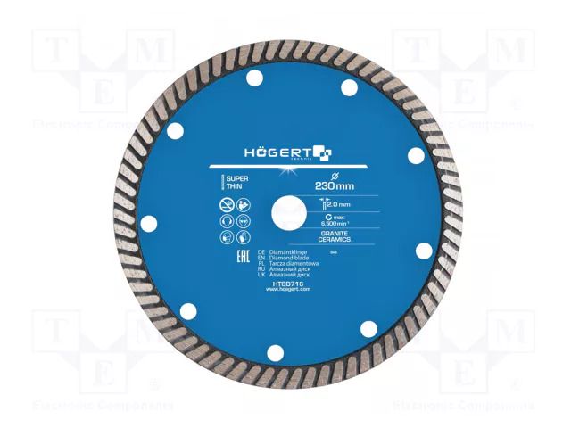 Cutting diamond wheel; Ø: 230mm; Øhole: 22.2mm; Disc thick: 2mm HÖGERT TECHNIK HT6D716