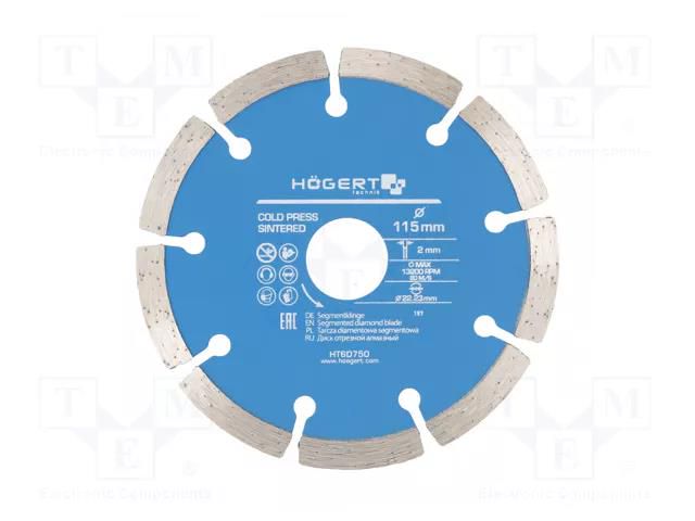 Cutting diamond wheel; Ø: 115mm; Øhole: 22.23mm; Disc thick: 2mm HÖGERT TECHNIK HT6D750
