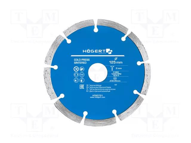 Cutting diamond wheel; Ø: 125mm; Øhole: 22.23mm; Disc thick: 2mm HÖGERT TECHNIK HT6D751