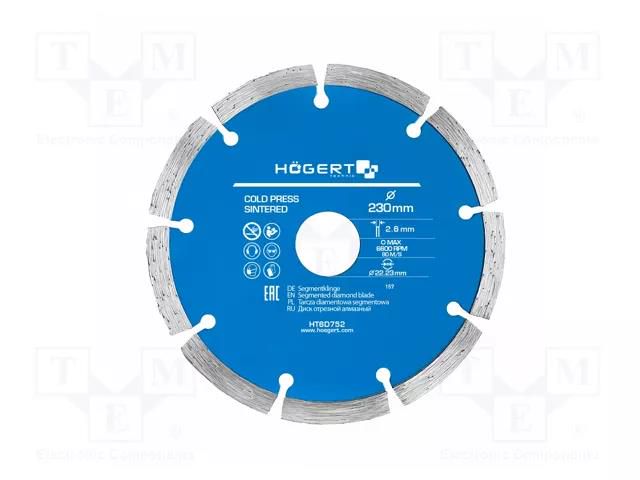 Cutting diamond wheel; Ø: 230mm; Øhole: 22.23mm; Disc thick: 2.6mm HÖGERT TECHNIK HT6D752