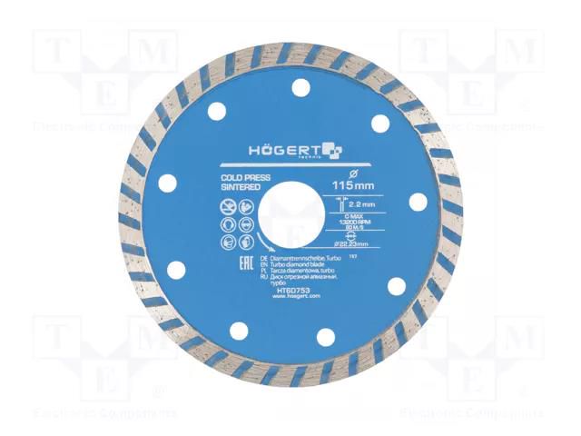 Cutting diamond wheel; Ø: 115mm; Øhole: 22.23mm; Disc thick: 2.2mm HÖGERT TECHNIK HT6D753