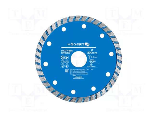 Cutting diamond wheel; Ø: 230mm; Øhole: 22.23mm; Disc thick: 2.8mm HÖGERT TECHNIK HT6D755