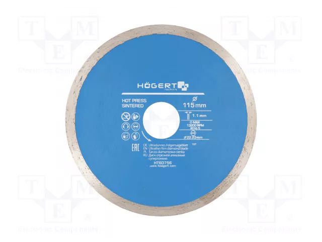 Cutting diamond wheel; Ø: 115mm; Disc thick: 1.1mm; 22.23mm HÖGERT TECHNIK HT6D756