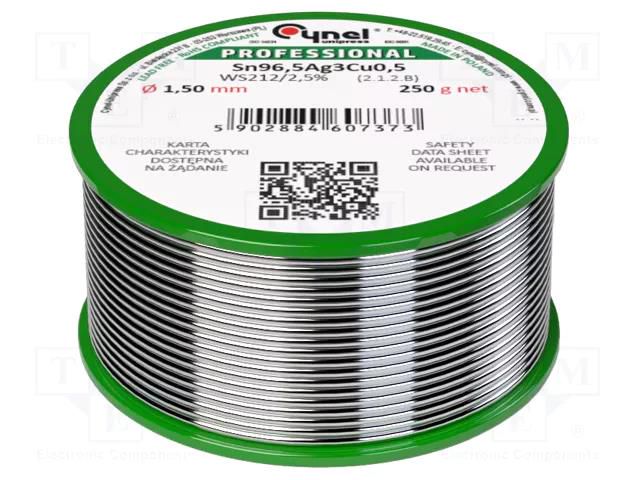 Tin; lead free; Sn96,5Ag3Cu0,5; 1.5mm; 250g; reel; 217÷220°C; 2.5% CYNEL SAC305-1.5/0.25WS