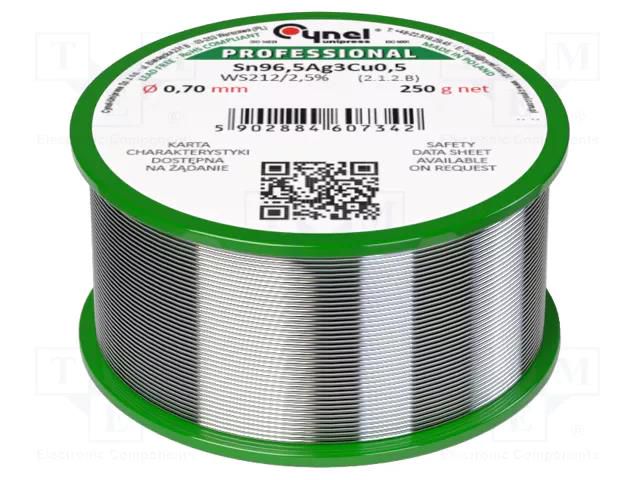 Tin; lead free; Sn96,5Ag3Cu0,5; 0.7mm; 250g; reel; 217÷220°C; 2.5% CYNEL SAC305-0.7/0.25WS