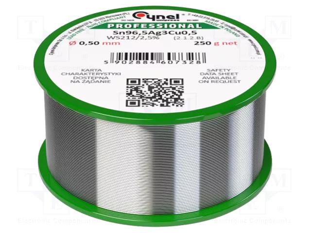 Tin; lead free; Sn96,5Ag3Cu0,5; 0.5mm; 250g; reel; 217÷220°C; 2.5% CYNEL SAC305-0.5/0.25WS