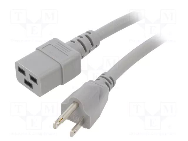 Cable; 3x14AWG; IEC C19 female,NEMA 5-15 (B) plug; PVC; 3m; grey LIAN DUNG SN318-3/14/3.0GY