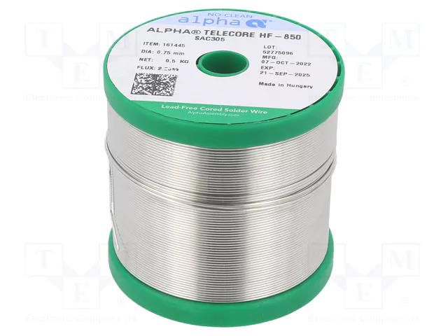 Tin; lead free; Sn96,5Ag3Cu0,5; 0.75mm; 500g; reel; 217÷221°C; 2.2% ALPHA HF850SAC305-075/05