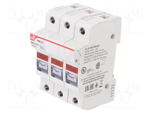 Fuse holder; for DIN rail mounting; 30A; 600VAC; Poles: 3; IP20 DF ELECTRIC 485191
