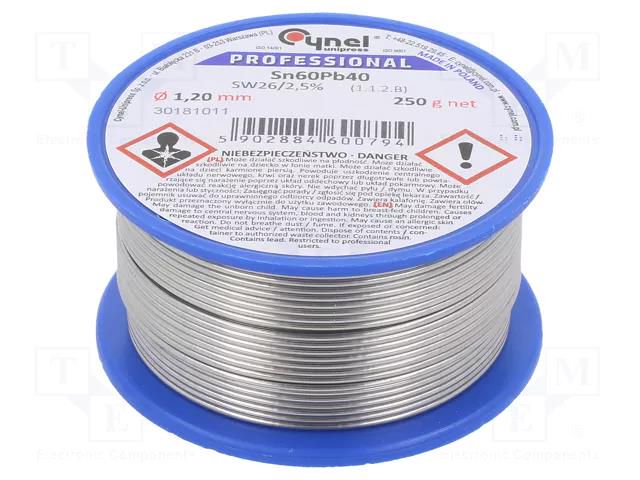 Tin; lead-based; Sn60Pb40; 1.2mm; 0.25kg; reel; 190°C; 2.5% CYNEL LC60-1.2/0.25