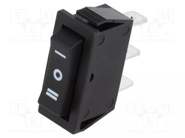 ROCKER; SP3T; Pos: 3; ON-OFF-ON; 15A/250VAC; black; none; 35mΩ NINIGI RS1033C6BK