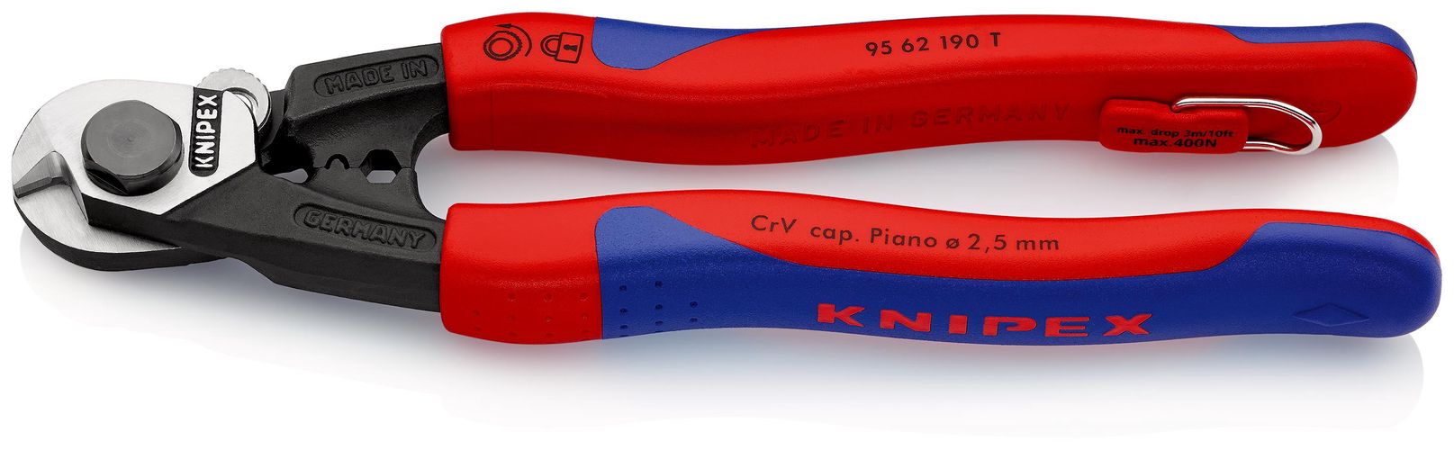 KNIPEX 95 62 190 T Wire Rope Cutter forged with multi-component grips, with integrated tether attachment point for a tool tether 190 mm 95 62 190 T 4003773080206