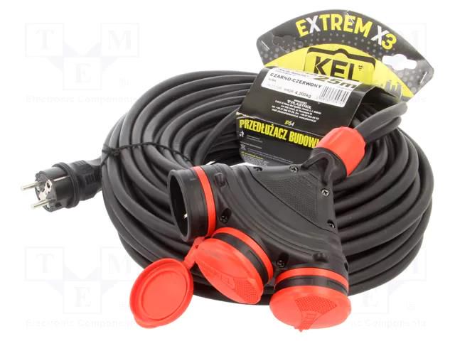 Extension lead; 3x2.5mm2; Sockets: 3; rubber; black; 25m; 16A KEL W-01196