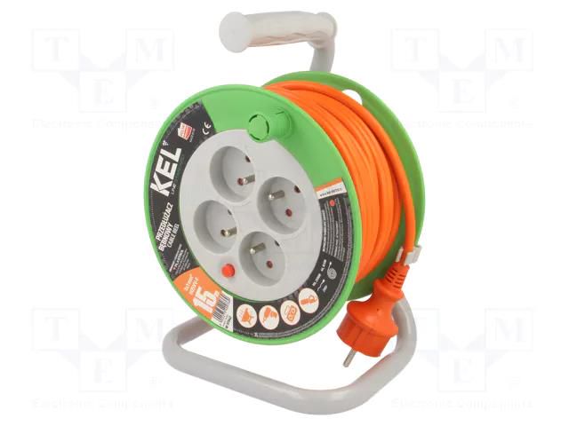 Extension lead; 3x1mm2; reel; Sockets: 4; PVC; orange; 15m; 10A KEL W-97042