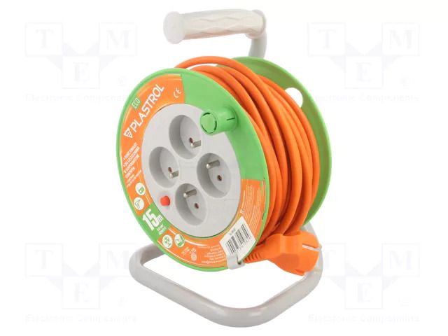 Extension lead; 3x1mm2; reel,Schuko; Sockets: 4; PVC; orange; 15m PLASTROL W-98945