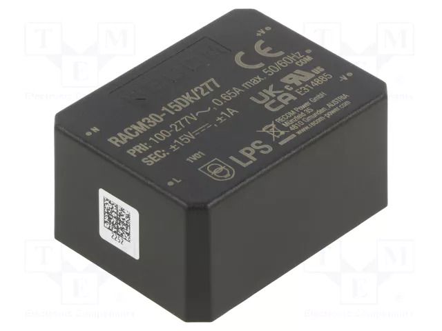 Converter: AC/DC; 30W; 85÷305VAC; Uout: 15VDC; Uout2: -15VDC; 86% RECOM RACM30-15DK/277