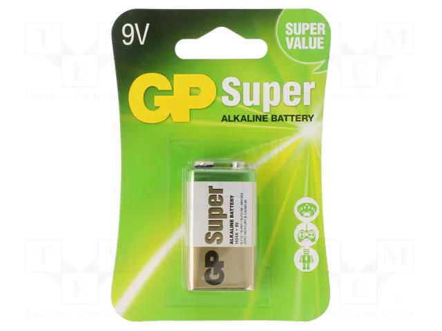 Battery: alkaline; 6F22; 9V; non-rechargeable; 47.5x25.5x16.5mm GP BAT-1604A-U1-GP