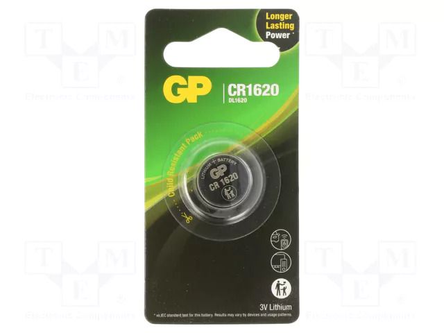 Battery: lithium; CR1620,coin; 3V; 78mAh; non-rechargeable GP BAT-CR1620-2CPU1GP