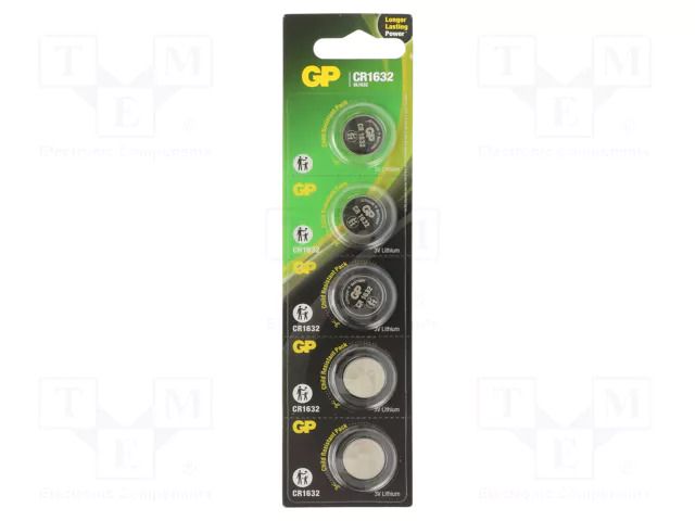 Battery: lithium; CR1632,coin; 3V; 140mAh; non-rechargeable; 5pcs. GP BAT-CR1632-2CPU5GP