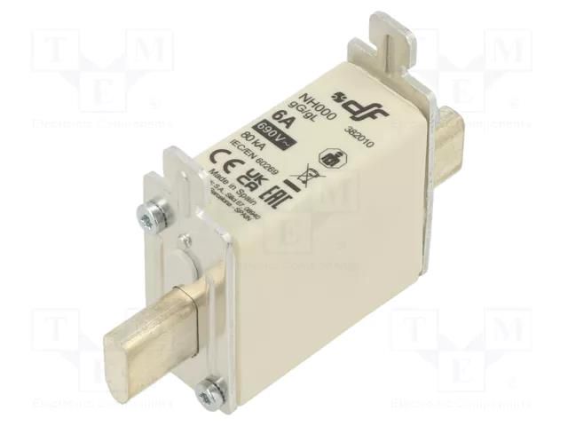 Fuse: fuse; 6A; 690VAC; 250VDC; gG; ceramic; NH000 DF ELECTRIC 382010
